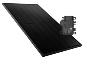 Enphase IQ* Series Microinverter in front of a Solahart Silhouette Solar Panel