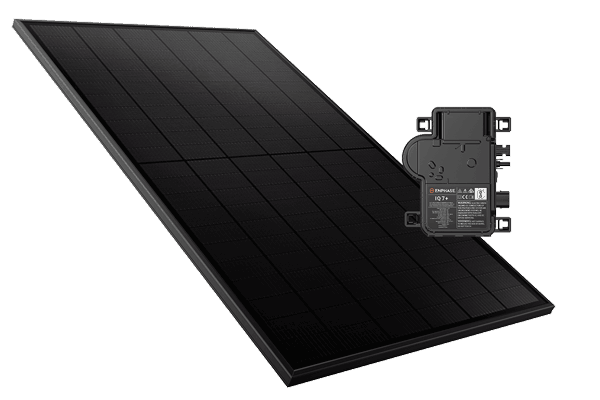 Enphase IQ* Series Microinverter in front of a Solahart Silhouette Solar Panel